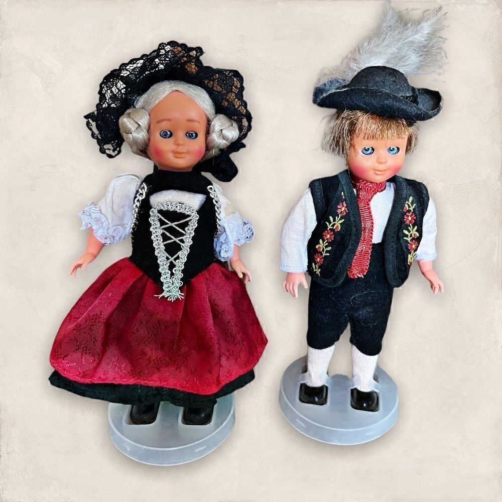 Vintage Viennese Traditional Costume Doll Couple with Stands